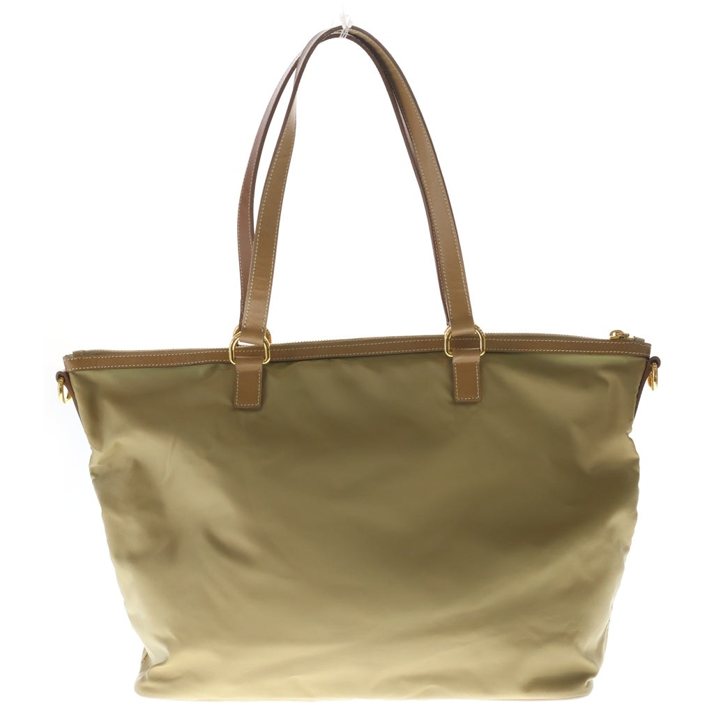 PRADA(プラダ) トライアングルロゴプレート ナイロン レザー 2WAY ハンド ショルダーバッグ ゴールド金具 ベージュ/ブラウン レディース