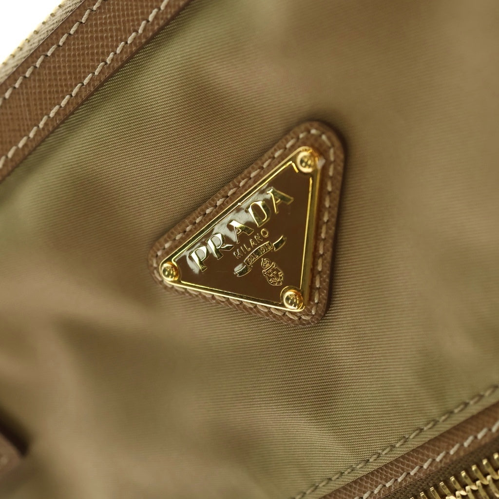 PRADA(プラダ) トライアングルロゴプレート ナイロン レザー 2WAY ハンド ショルダーバッグ ゴールド金具 ベージュ/ブラウン レディース