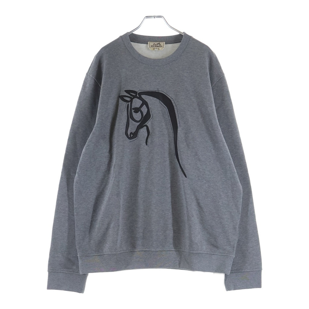 HERMES(エルメス) CHEVAL AU TRAIT シュバル オトレ レザー グラフィック刺繍 クルーネック プルオーバー スウェットトレーナー グレー