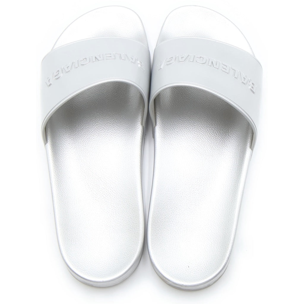BALENCIAGA(バレンシアガ) ロゴ ラバー スライド フラット サンダル シューズ シルバー