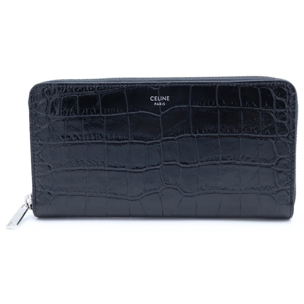 CELINE(セリーヌ) ラージ ラウンドファスナージップウォレット クロコ型押し 長財布 ブラック カーフスキン 10B553CUV.38SI
