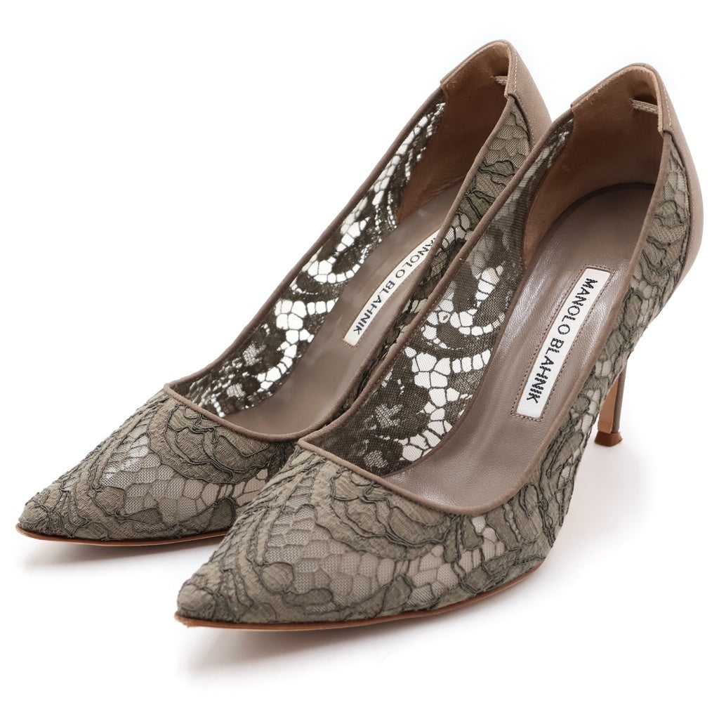 MANOLO BLAHNIK(マノロブラニク) レース切り替え ヒール パンプス シューズ カーキ レディース