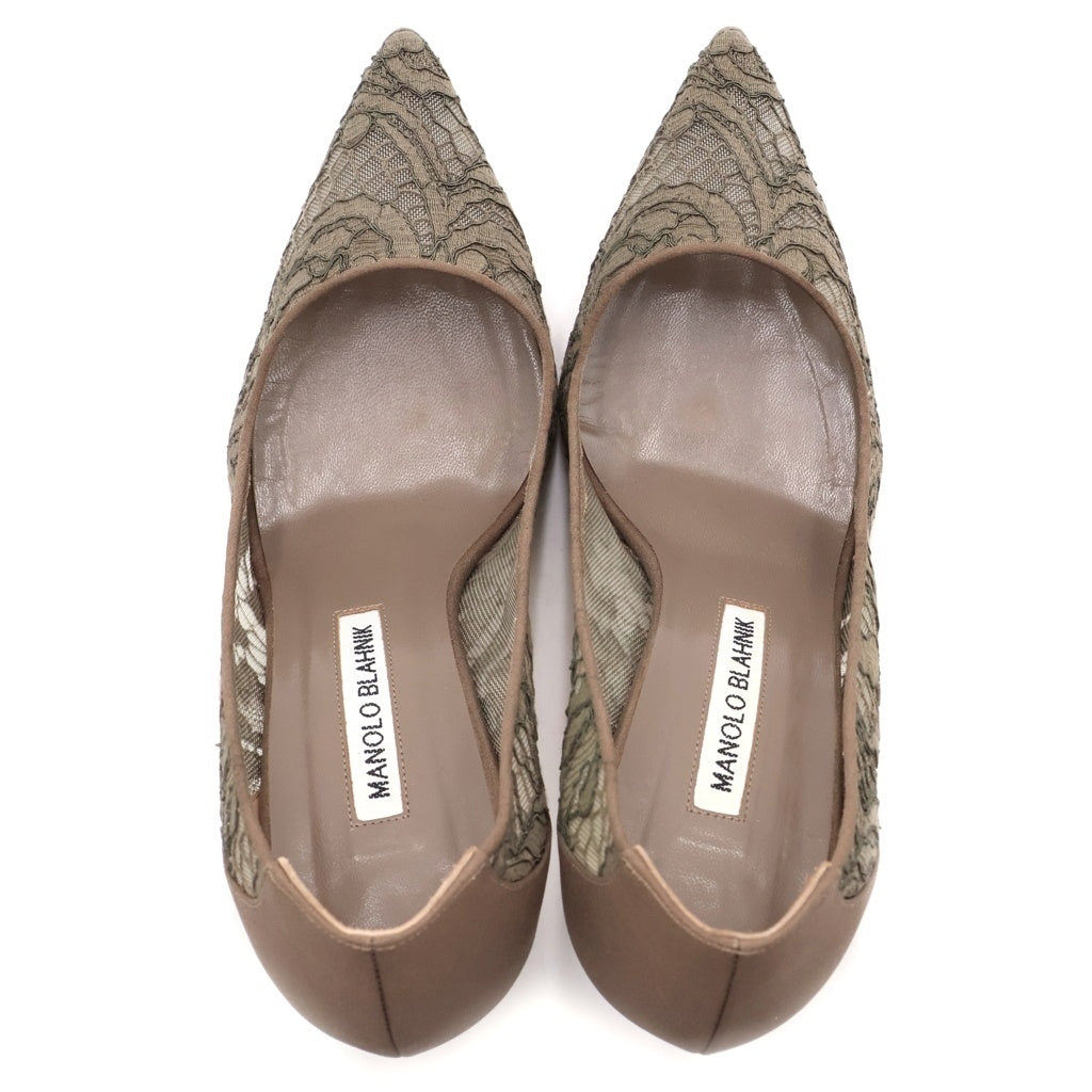 MANOLO BLAHNIK(マノロブラニク) レース切り替え ヒール パンプス シューズ カーキ レディース