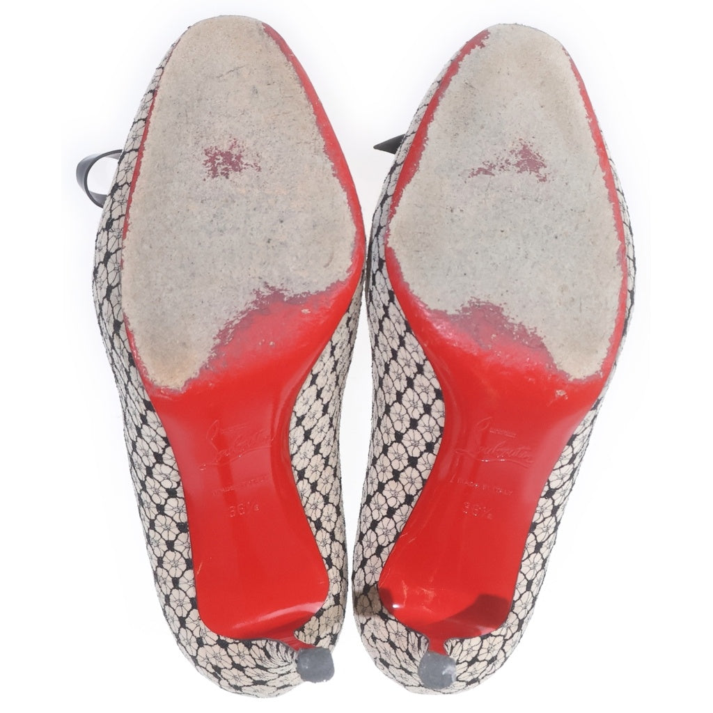 CHRISTIAN LOUBOUTIN(クリスチャンルブタン) ピンヒール 総柄 パンプス ハイヒール リボン ベージュ/ブラック レディース
