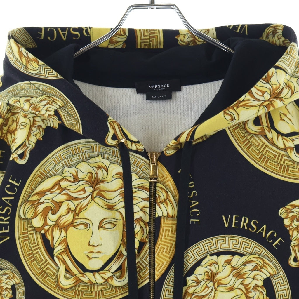VERSACE(ヴェルサーチ) 総柄ジップパーカー フーディー ブラック×イエロー #XL A88742
