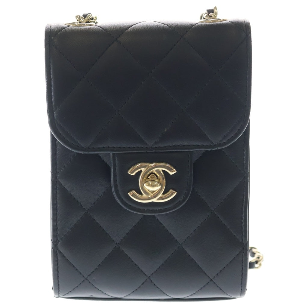 CHANEL(シャネル) マトラッセ フラップ フォンケース ラムスキン レザー チェーンショルダー バッグ ポーチ ゴールド金具 ブラック 22番台 レディース