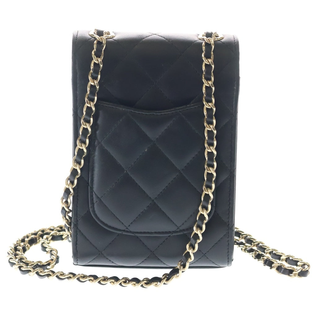 CHANEL(シャネル) マトラッセ フラップ フォンケース ラムスキン レザー チェーンショルダー バッグ ポーチ ゴールド金具 ブラック 22番台 レディース