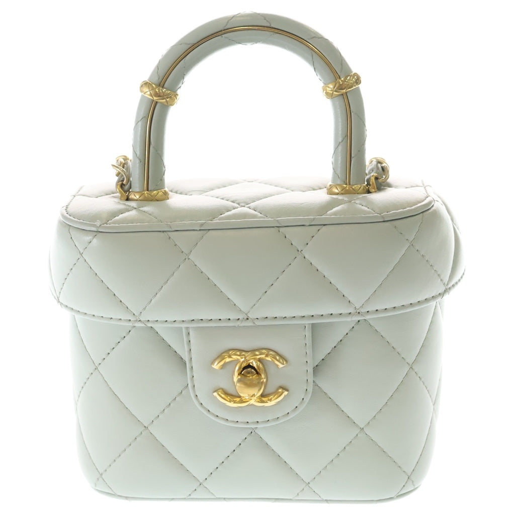 CHANEL(シャネル) バニティ トップハンドル ラムスキン レザー 2WAY ハンド チェーンショルダー バッグ ゴールド金具 ライトブルー AS3973 プレート レディース