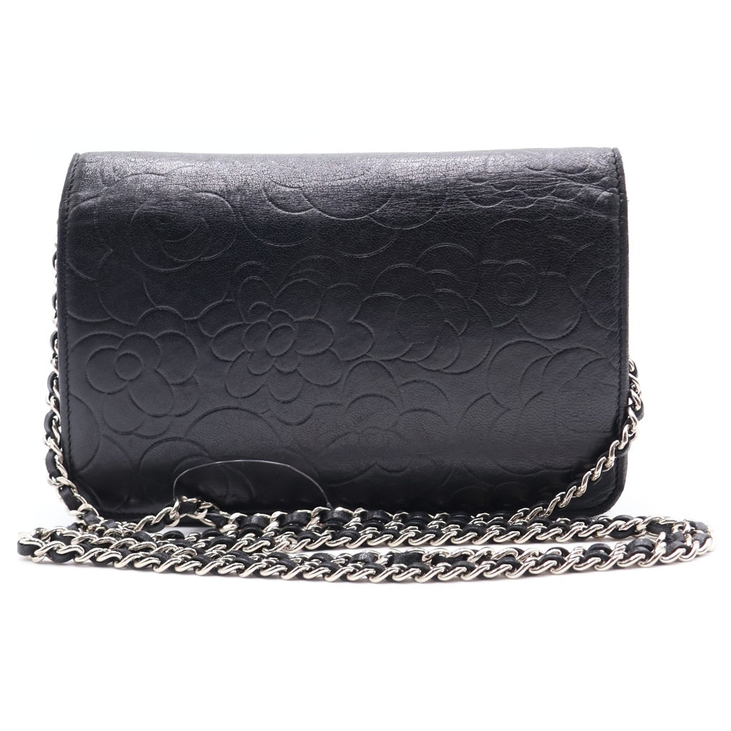 CHANEL(シャネル) ココマーク カメリア ラムスキン シルバー金具 チェーンウォレット チェーンショルダーバッグ ブラック レディース