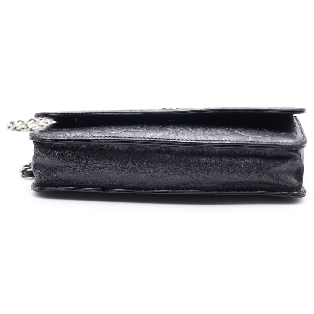 CHANEL(シャネル) ココマーク カメリア ラムスキン シルバー金具 チェーンウォレット チェーンショルダーバッグ ブラック レディース