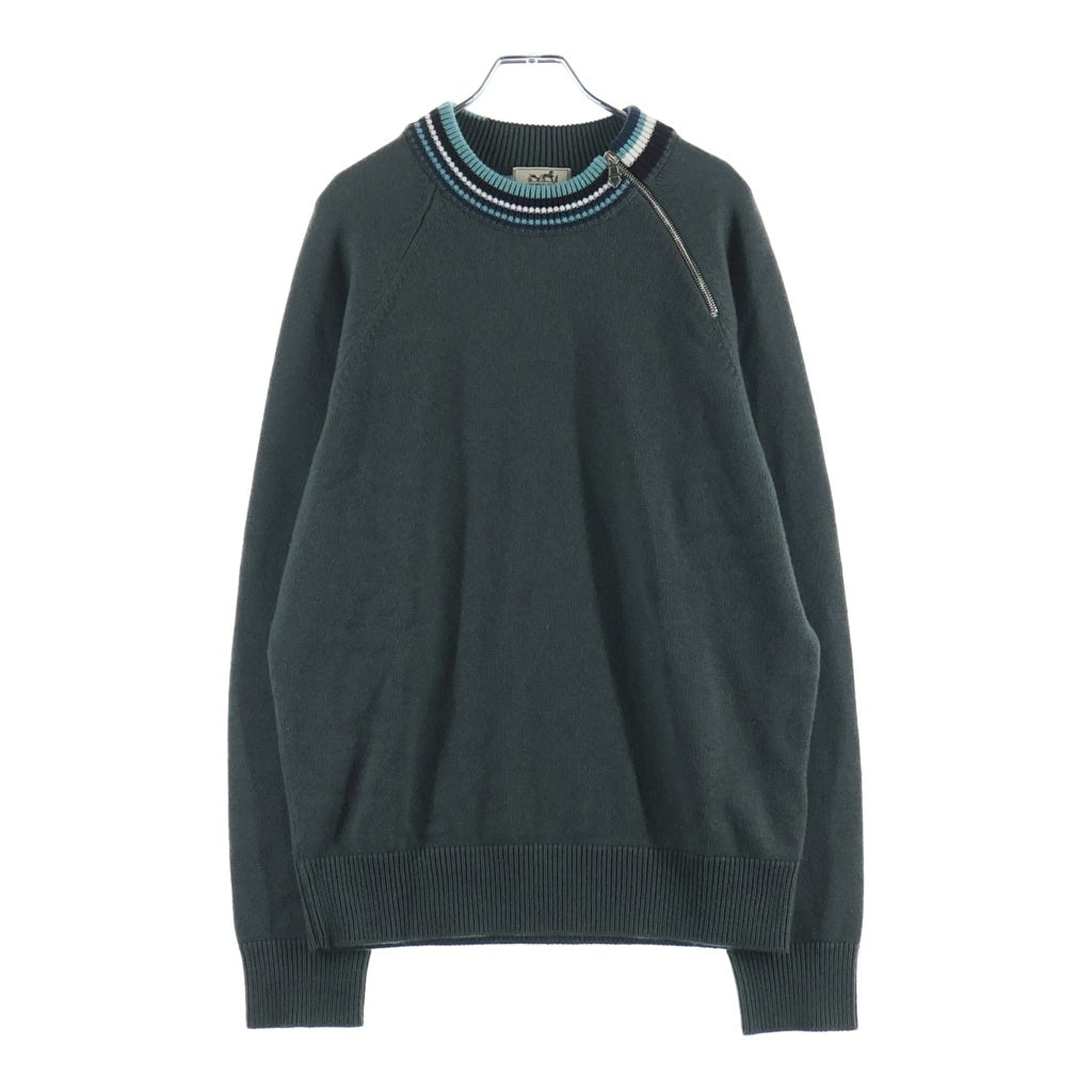 HERMES(エルメス) カシミヤ ジップアップ ニット セーター #XL カーキ/ブルー/ブラウン グリーン系