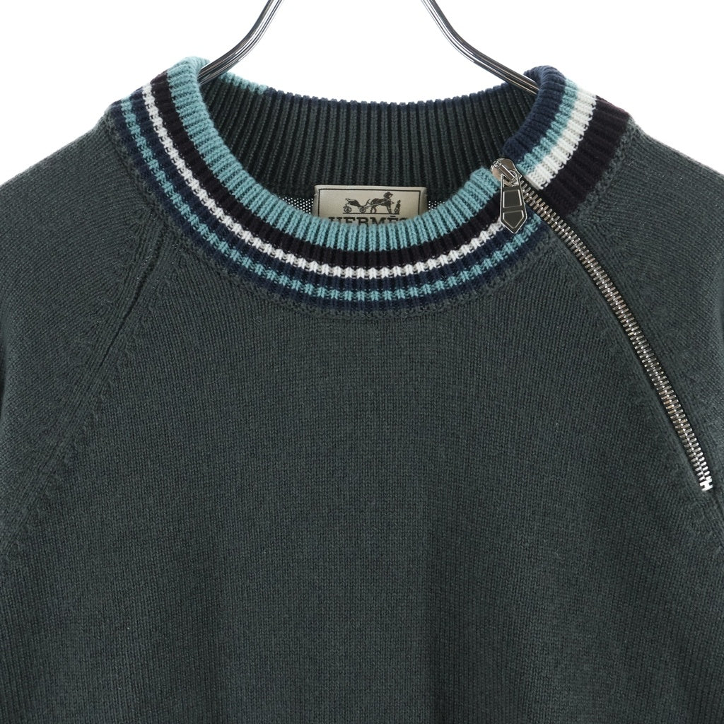 HERMES(エルメス) カシミヤ ジップアップ ニット セーター #XL カーキ/ブルー/ブラウン グリーン系