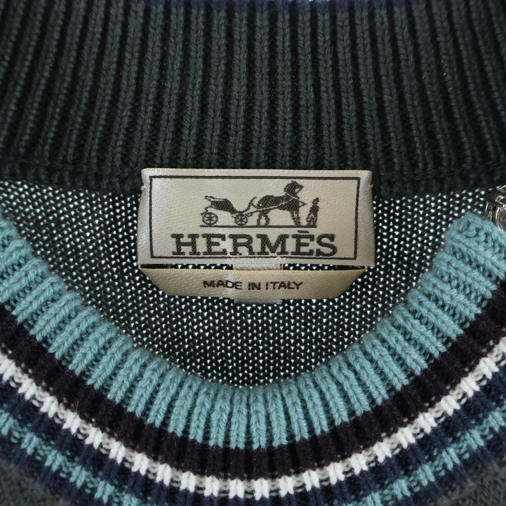 HERMES(エルメス) カシミヤ ジップアップ ニット セーター #XL カーキ/ブルー/ブラウン グリーン系
