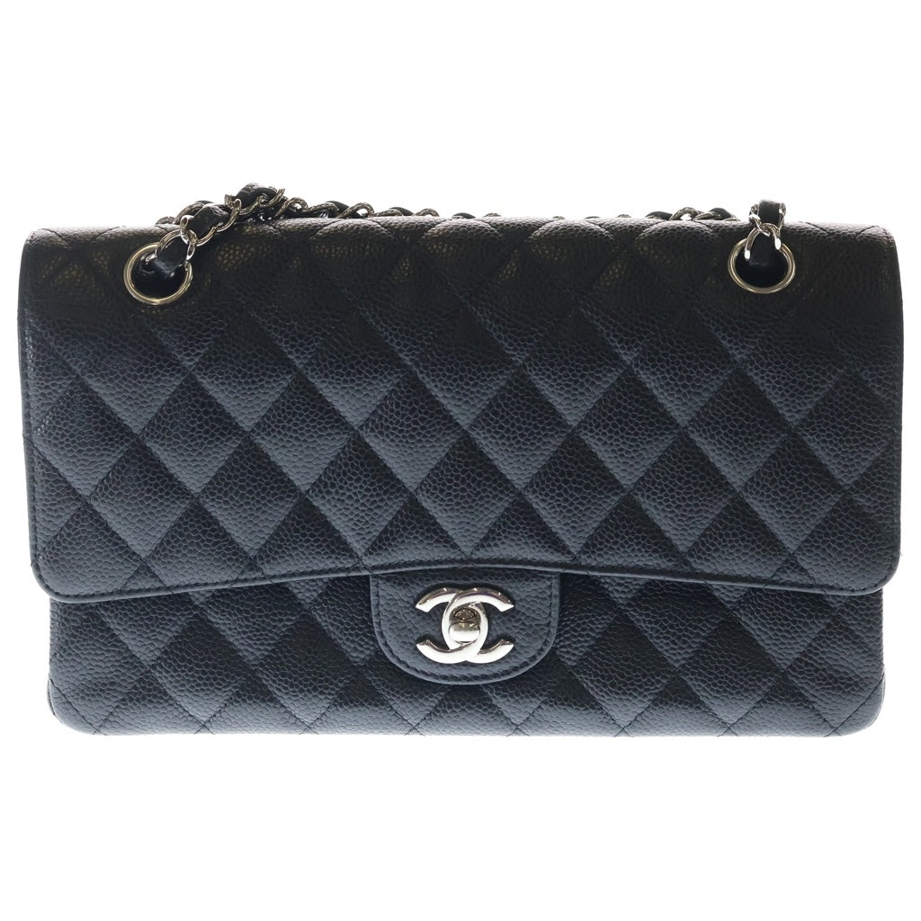 CHANEL(シャネル) マトラッセ25 WフラップWチェーンショルダーバッグ ブラック キャビアスキン A01112 シルバー金具 レディース