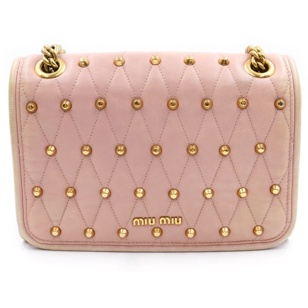 miumiu(ミュウミュウ) スタッズ キルティング レザー チェーン ショルダーバッグ ゴールド金具 ピンク 5BD041 レディース