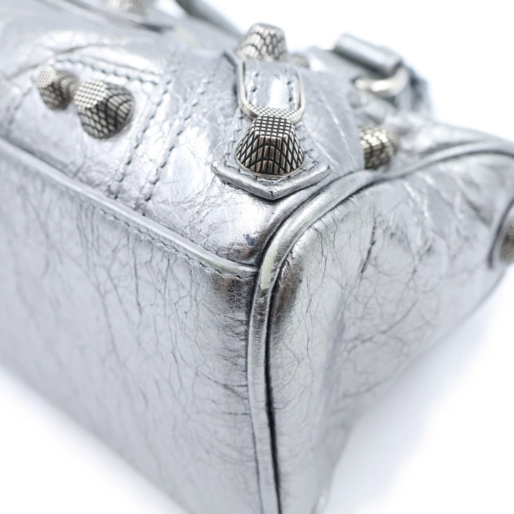 BALENCIAGA(バレンシアガ) ル・カゴール ミニ ダッフルバッグ 2WAYハンドバッグ ショルダーバッグ ミニバッグ シルバー レザー 743356 シルバー金具 レディース