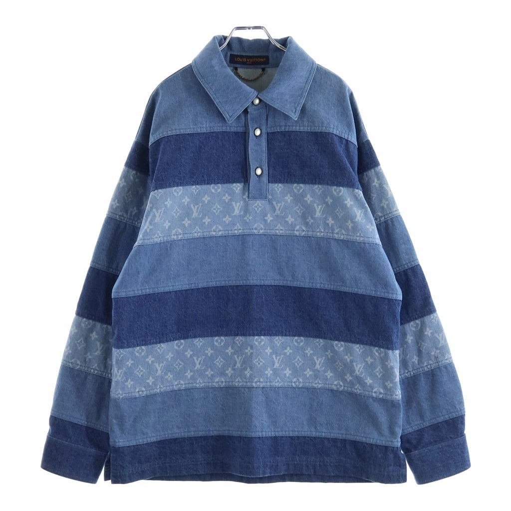 LOUIS VUITTON(ルイヴィトン) モノグラムパッチワーク デニムロングスリーブ 切り替えポロシャツ インディゴブルー 1AFQBU