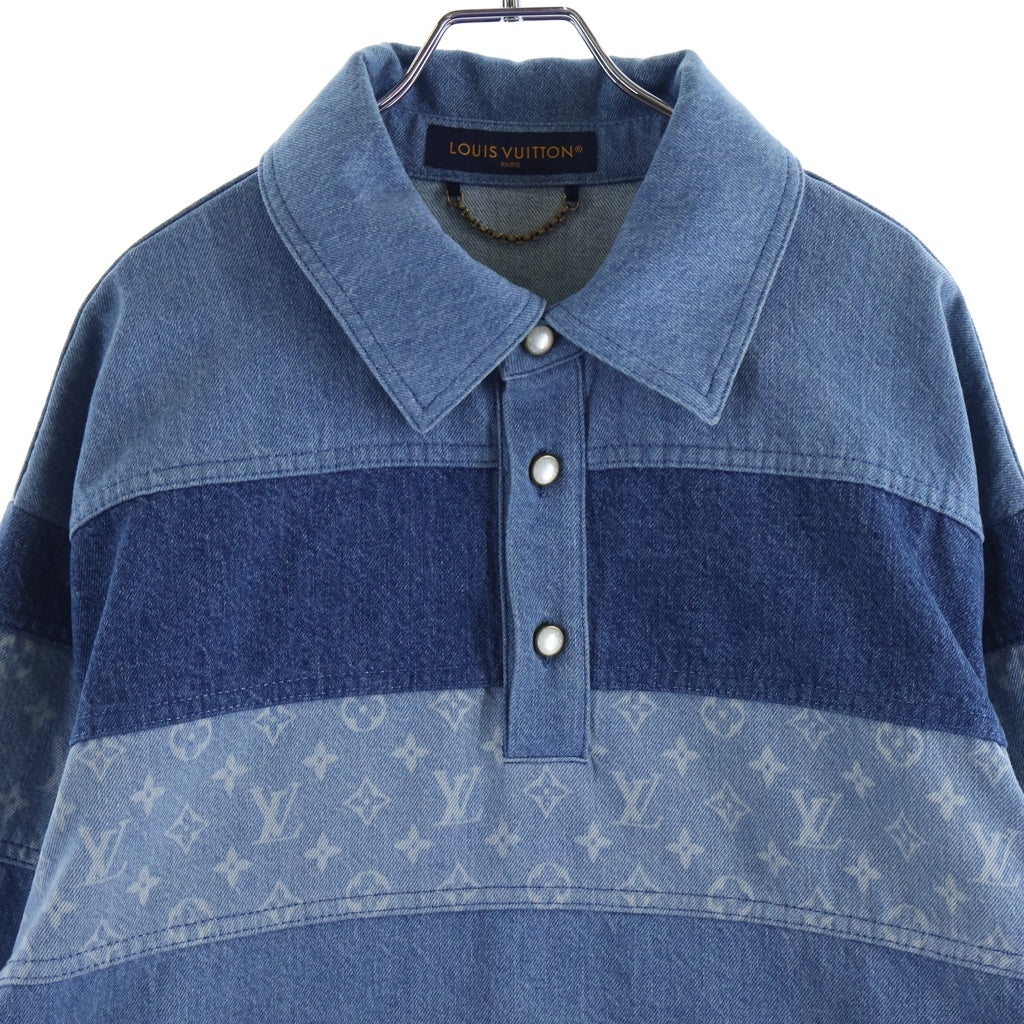 LOUIS VUITTON(ルイヴィトン) モノグラムパッチワーク デニムロングスリーブ 切り替えポロシャツ インディゴブルー 1AFQBU