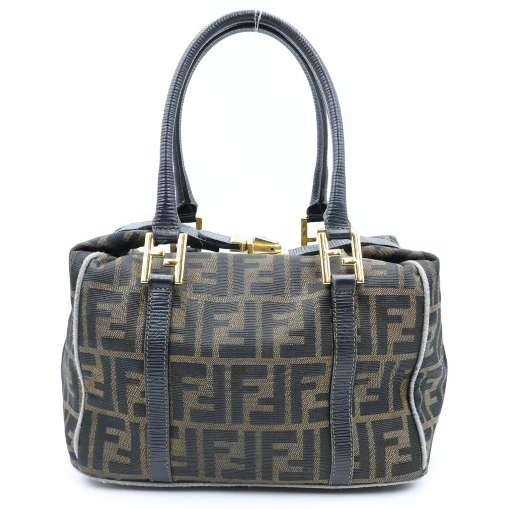 FENDI(フェンディ) ズッカ ミニボストンバッグ ハンドバッグ ブラウン×ブラック レザー×キャンバス ゴールド金具 レディース
