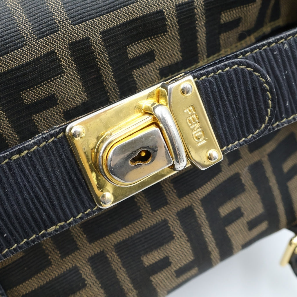 FENDI(フェンディ) ズッカ ミニボストンバッグ ハンドバッグ ブラウン×ブラック レザー×キャンバス ゴールド金具 レディース