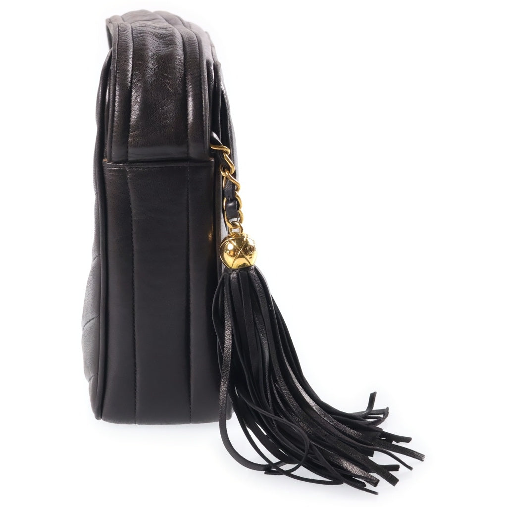 CHANEL(シャネル) Vステッチ フリンジ ショルダーバッグ ブラック ラムスキン ゴールド金具 レディース