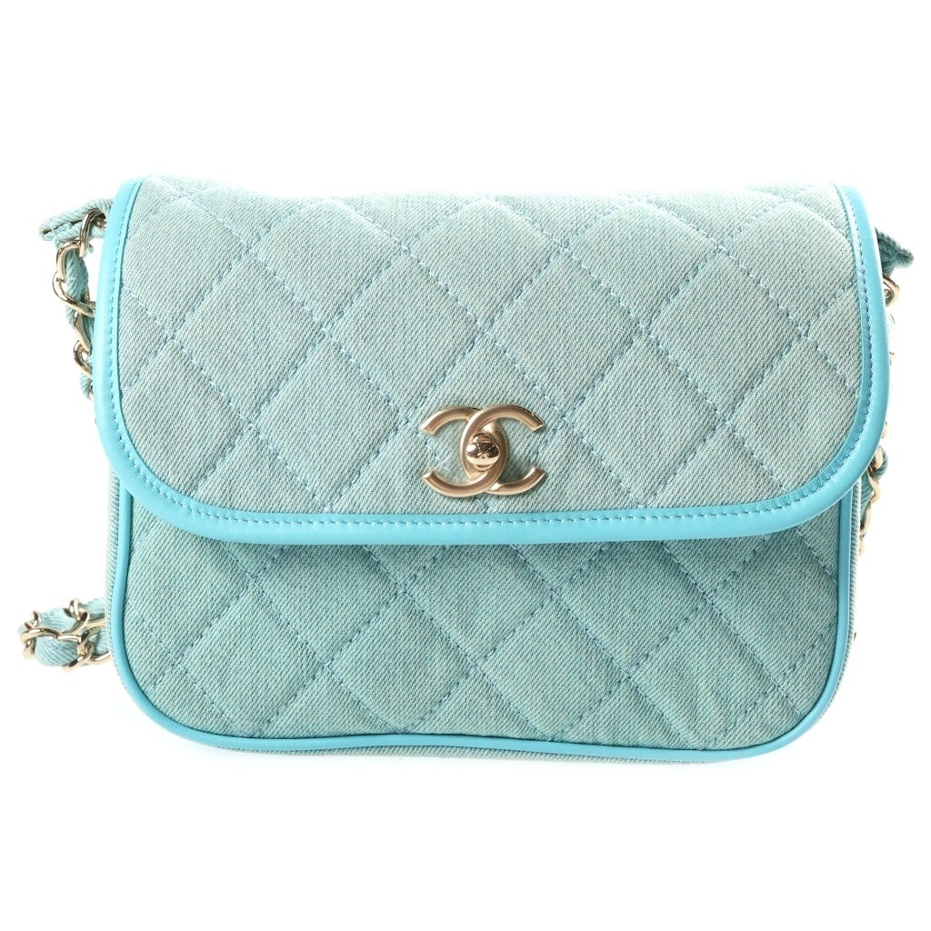 CHANEL(シャネル) ココマーク マトラッセ チェーンショルダー ライトブルー キャンバス×レザー ゴールド金具 AS2537 レディース