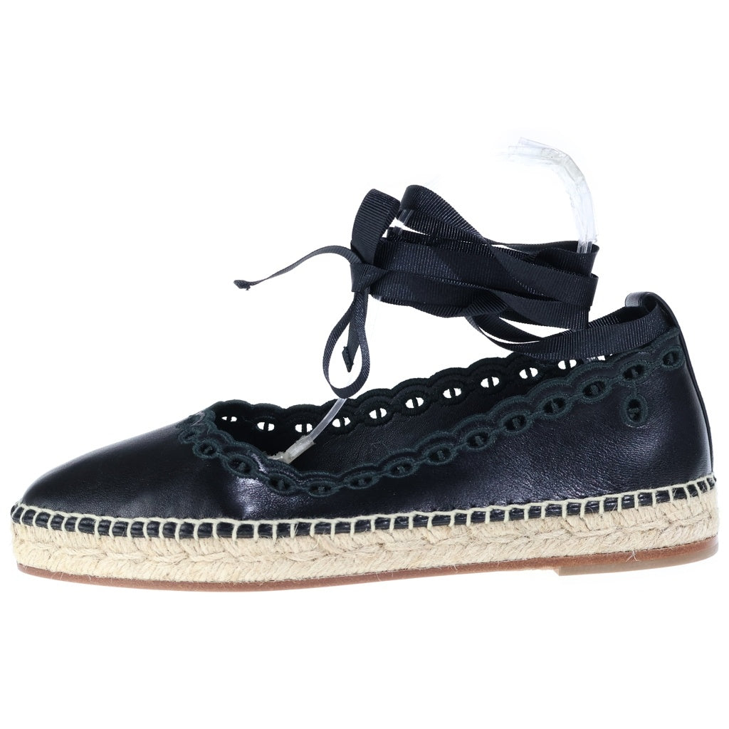 HERMES(エルメス) エスパドリュー レース フラットシューズ レザーパンプス ブラック #37 レディース