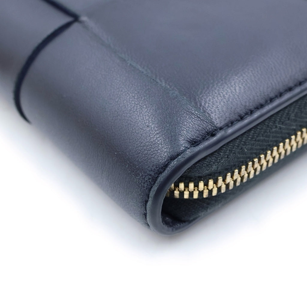 BOTTEGA VENETA(ボッテガヴェネタ) マキシイントレチャート ラウンドジップ長財布 ロングウォレット カードケース ネイビー レザー ゴールド金具