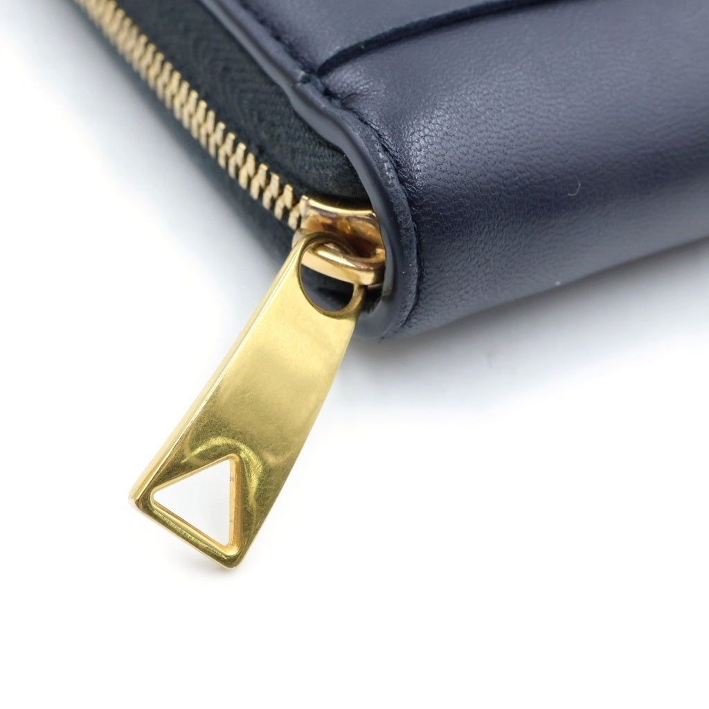 BOTTEGA VENETA(ボッテガヴェネタ) マキシイントレチャート ラウンドジップ長財布 ロングウォレット カードケース ネイビー レザー ゴールド金具