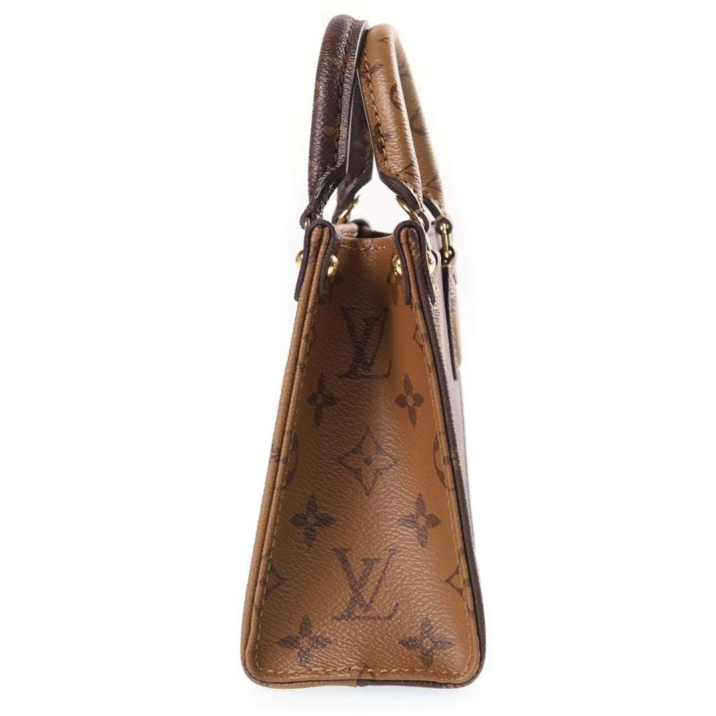 LOUIS VUITTON(ルイヴィトン) モノグラムリバース オンザゴーBB 2WAYハンドバッグ ショルダーバッグ ブラウン レザー×PVC M46839 ゴールド金具 レディース