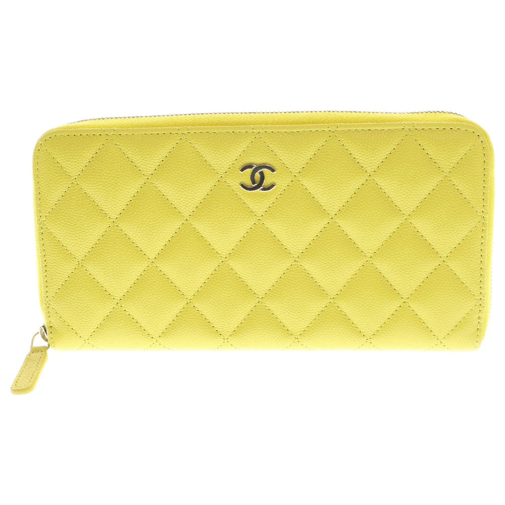 CHANEL(シャネル) マトラッセ クラシック ラウンドファスナー長財布 キャビアスキン イエロー ゴールド金具 AP0242