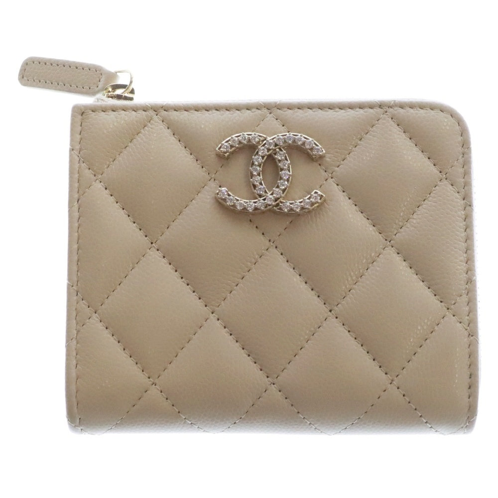 CHANEL(シャネル) ココマーク ラインストーン キャビアスキン レザーコンパクトジップウォレット 財布 ベージュ