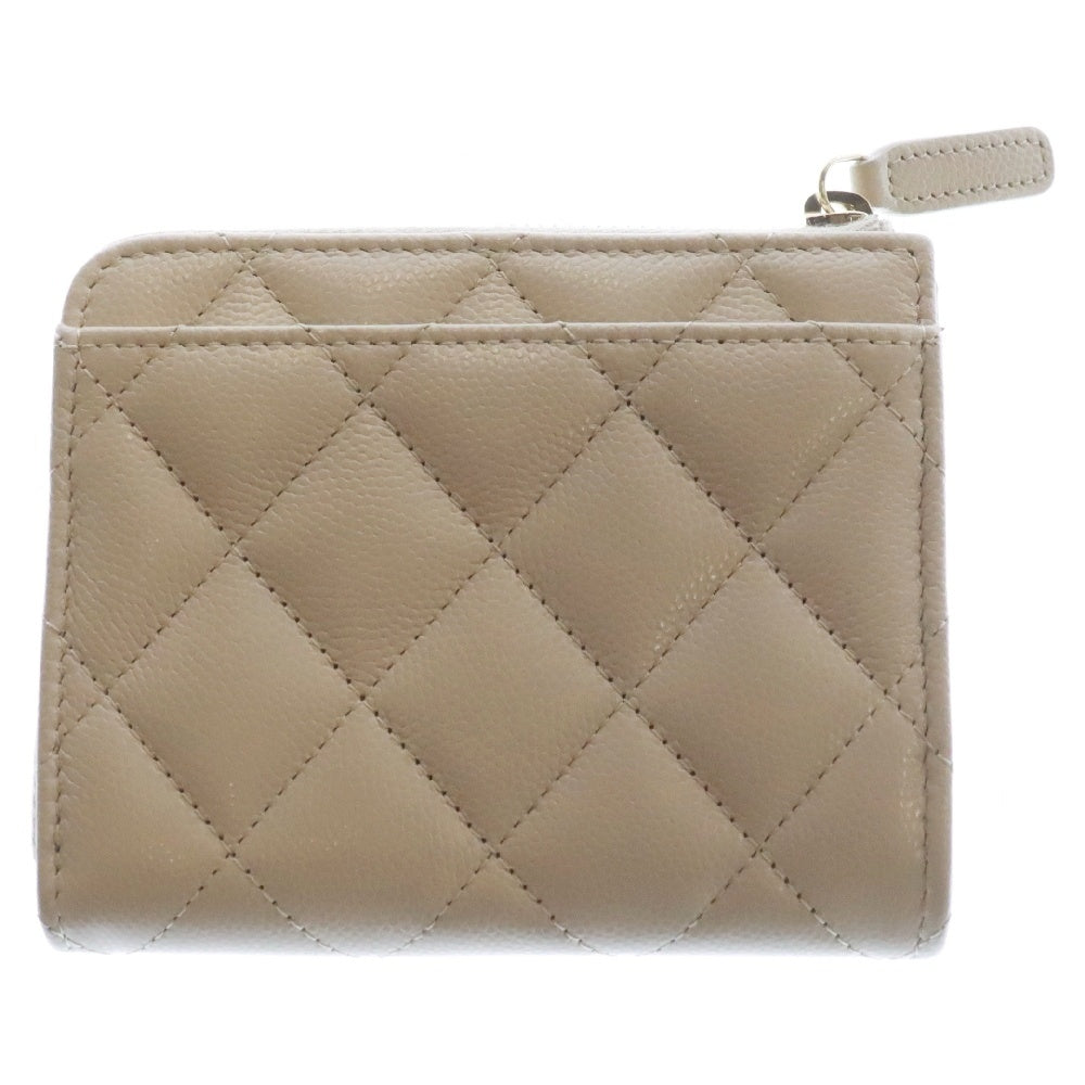 CHANEL(シャネル) ココマーク ラインストーン キャビアスキン レザーコンパクトジップウォレット 財布 ベージュ