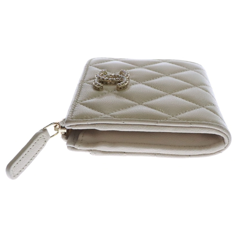 CHANEL(シャネル) ココマーク ラインストーン キャビアスキン レザーコンパクトジップウォレット 財布 ベージュ