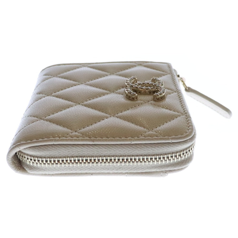 CHANEL(シャネル) ココマーク ラインストーン キャビアスキン レザーコンパクトジップウォレット 財布 ベージュ