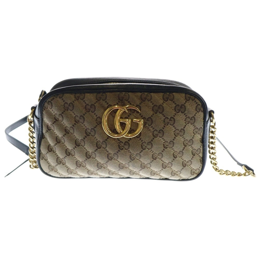 GUCCI(グッチ) GGマーモント ショルダーバッグ チェーンショルダー ブラック×ベージュ ゴールド金具 キャンバス×レザー 447632