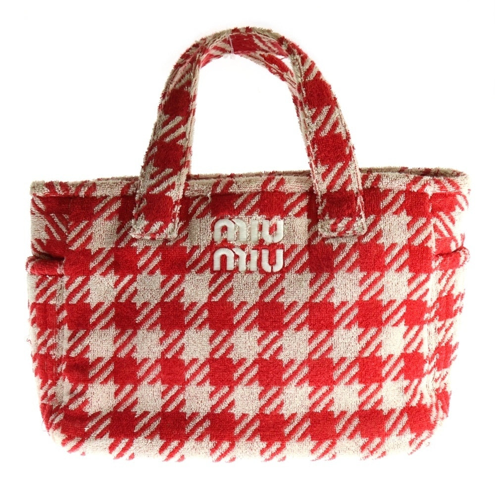 miumiu(ミュウミュウ) 千鳥格子 テリークロス ハンドバッグ トートバッグ レッド×ホワイト ゴールド金具 パイル