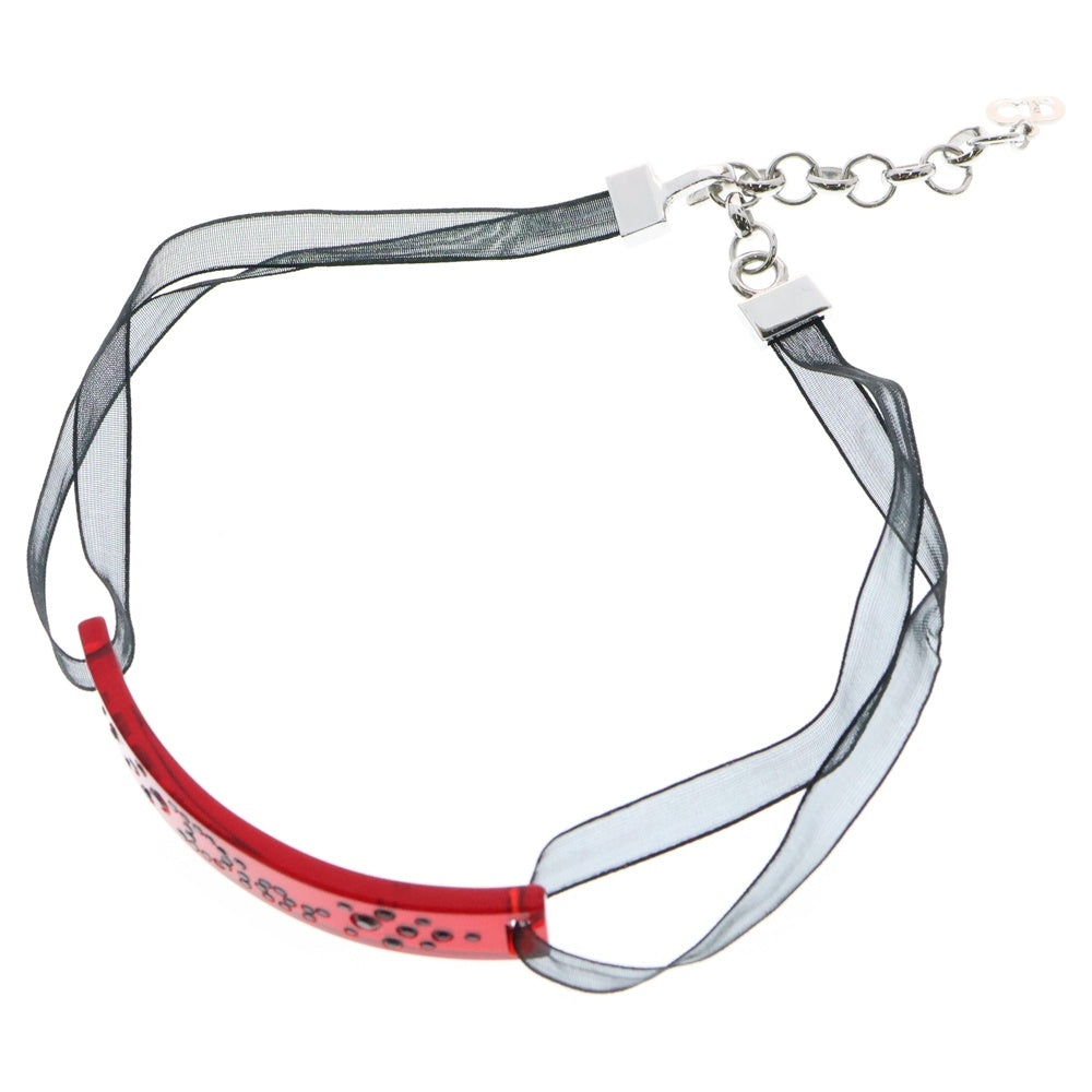 Christian Dior(クリスチャンディオール) ロゴ プレートチョーカー リボン チェーン ラインストーン レッド/ブラック