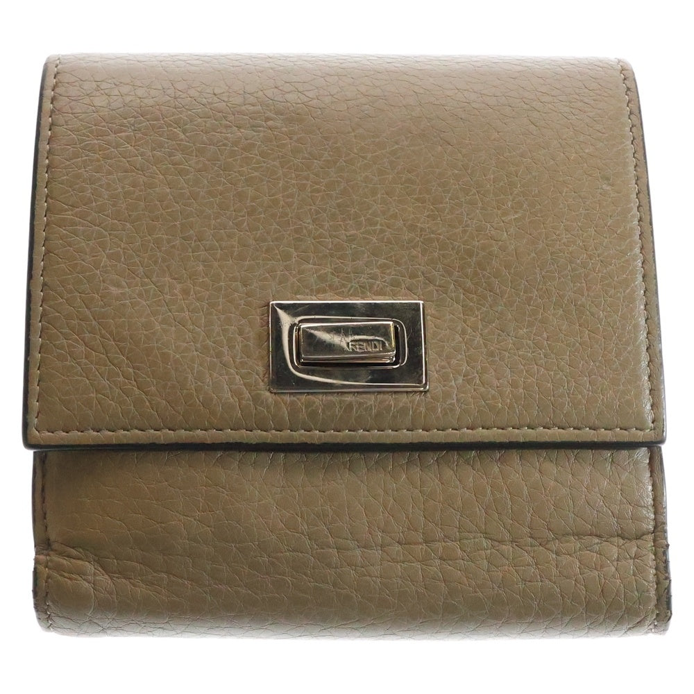 FENDI(フェンディ) ピーカブー 三つ折り財布 コンパクトウォレット コインケース シルバー金具 ベージュ レザー