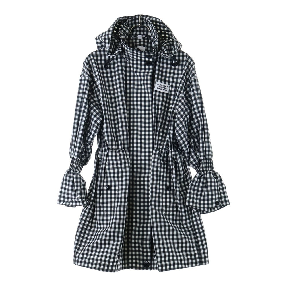 BURBERRY(バーバリー) ロゴパッチ付フーデッドギンガムチェックジップアップスタンドカラーコート ブラック/ホワイト 8028801/70C