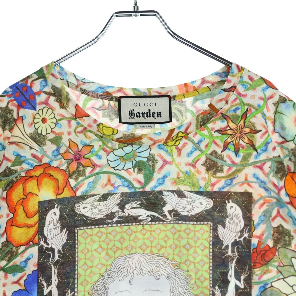 GUCCI(グッチ) GARDEN ガーデン バックロゴ アニマル フローラル 総柄プリント クルーネック 半袖Tシャツ カットソー マルチカラー グリーン/オレンジ 606155