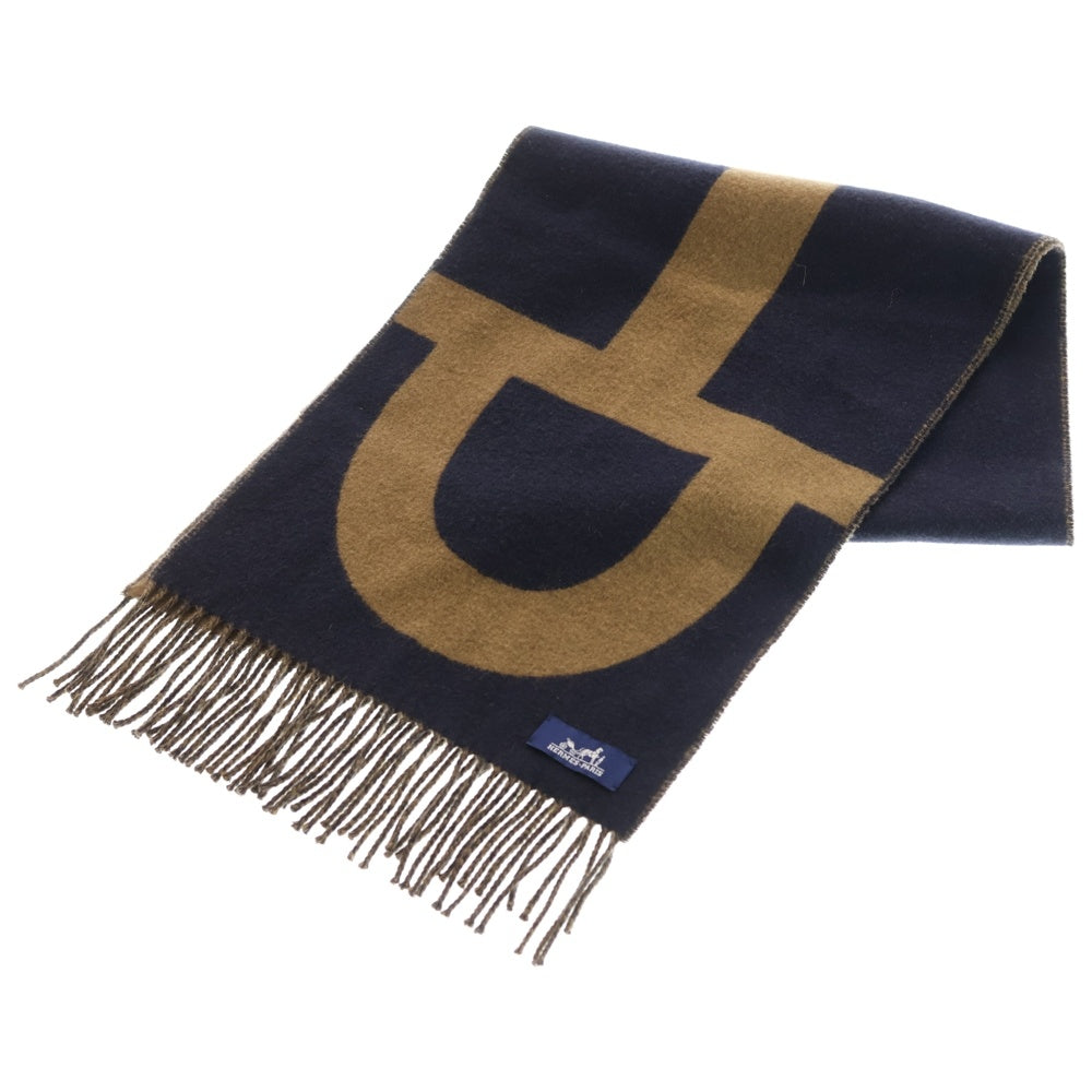 HERMES(エルメス) ホースビット マフラー フリンジ ストール ブラウン×ネイビー カシミヤ レディース