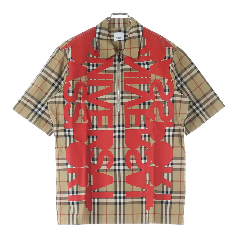 BURBERRY(バーバリー) 22SS UNIVERSAL PASSPORT ユニバーサル パスポート ノバチェック総柄 ハーフジップ プルオーバー 半袖シャツ ベージュ/レッド 8052446