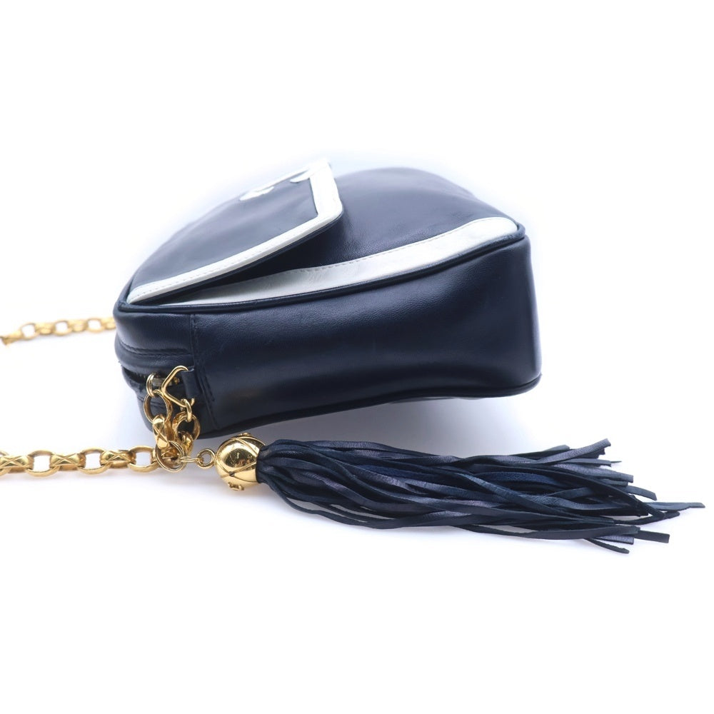 CHANEL(シャネル) ココマーク フリンジ チェーンショルダーバッグ ホワイト×ネイビー レザー ゴールド金具 レディース