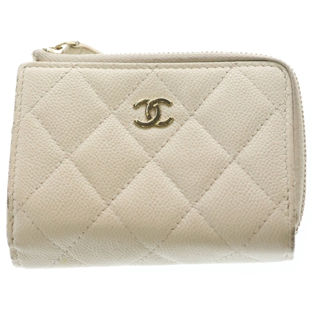 CHANEL(シャネル) ラウンドファスナー ミニ財布 ウォレット コインケース ホワイト キャビアスキン ゴールド金具 レディース
