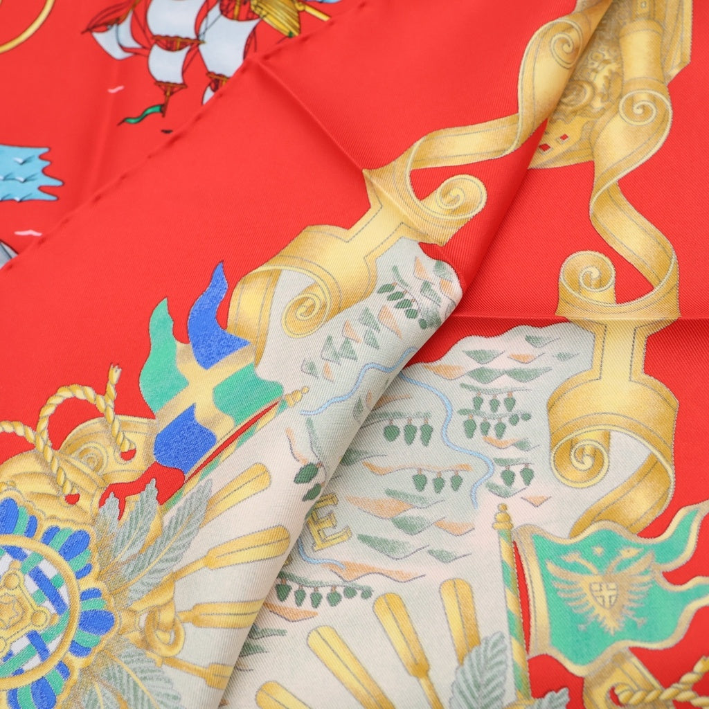 HERMES(エルメス) カレ90 VOILES DE LUMIERE 光の帆船 レッド シルク レディース