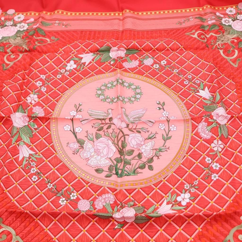 HERMES(エルメス) カレ90 JEUX DE PAILLE 藁遊び レッド シルク スカーフ レディース
