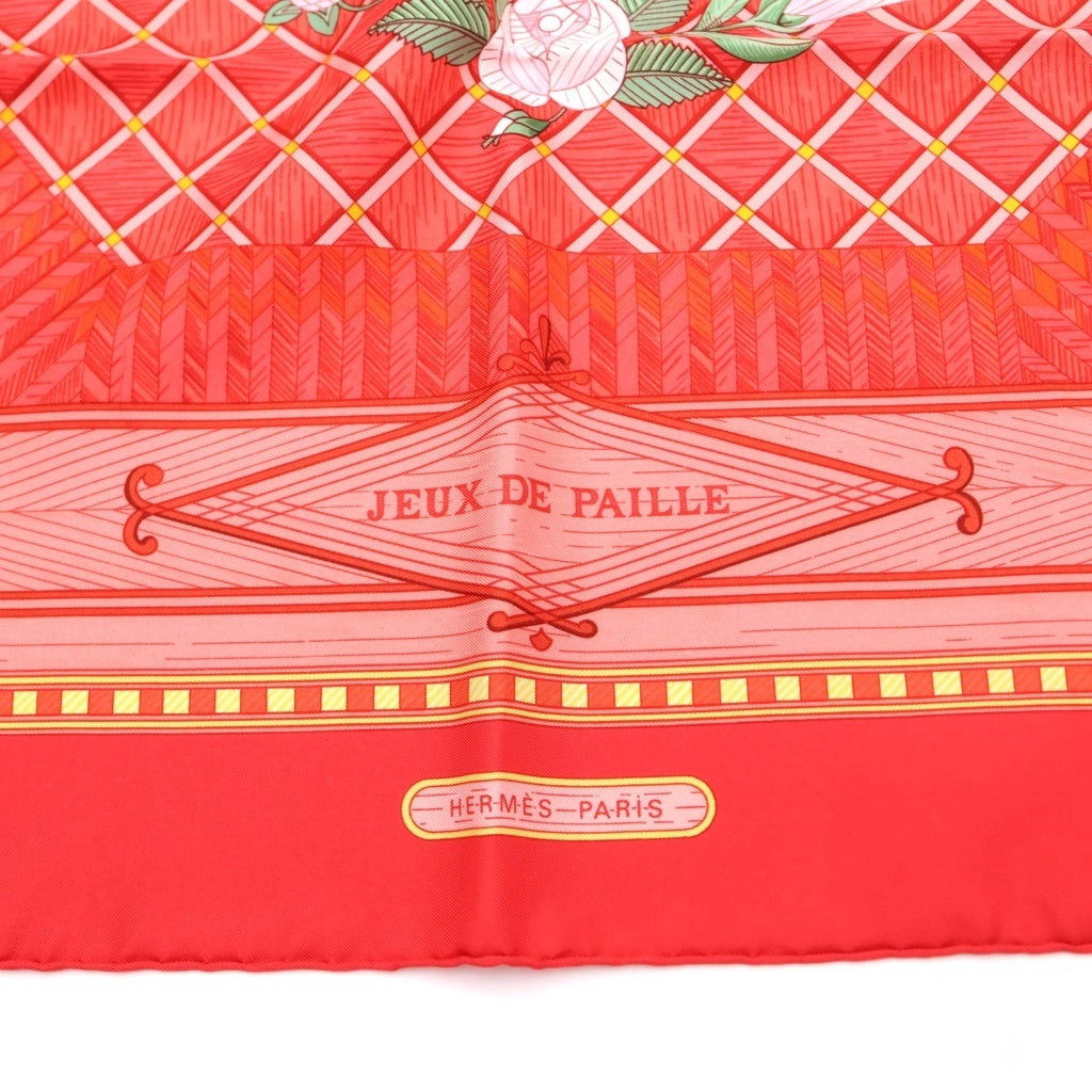 HERMES(エルメス) カレ90 JEUX DE PAILLE 藁遊び レッド シルク スカーフ レディース