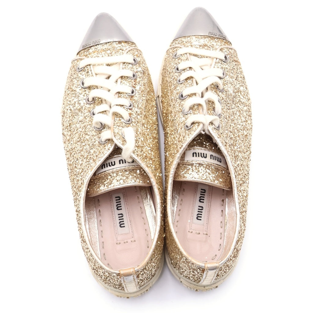 miumiu(ミュウミュウ) スチールトゥ ラメグリッター キャンバス ローカットシューズ スニーカー ゴールド レディース 5E9008