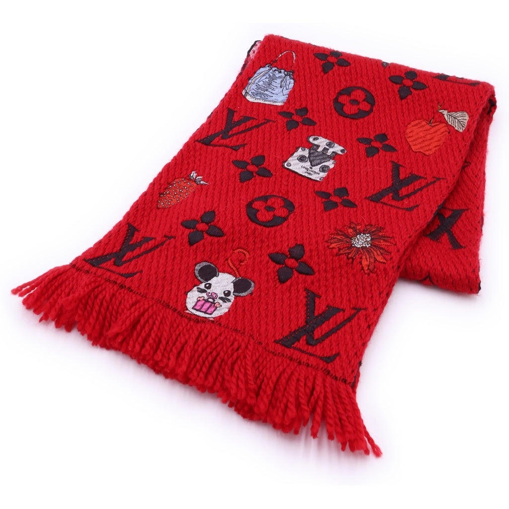 LOUIS VUITTON(ルイヴィトン) エシャルプ ロゴマニア ヴィトニット ネズミ モノグラム ジャガード シルク混 ウール マフラー レッド M76162 レディース